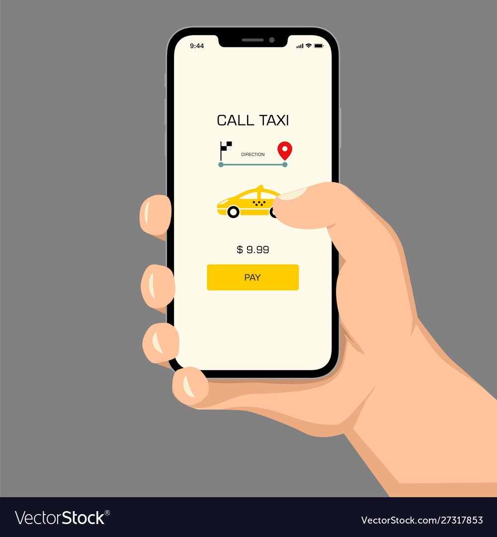 Brutal human hand holding smartphone with taxi Vector Image Brutal human hand holding smartphone with taxi