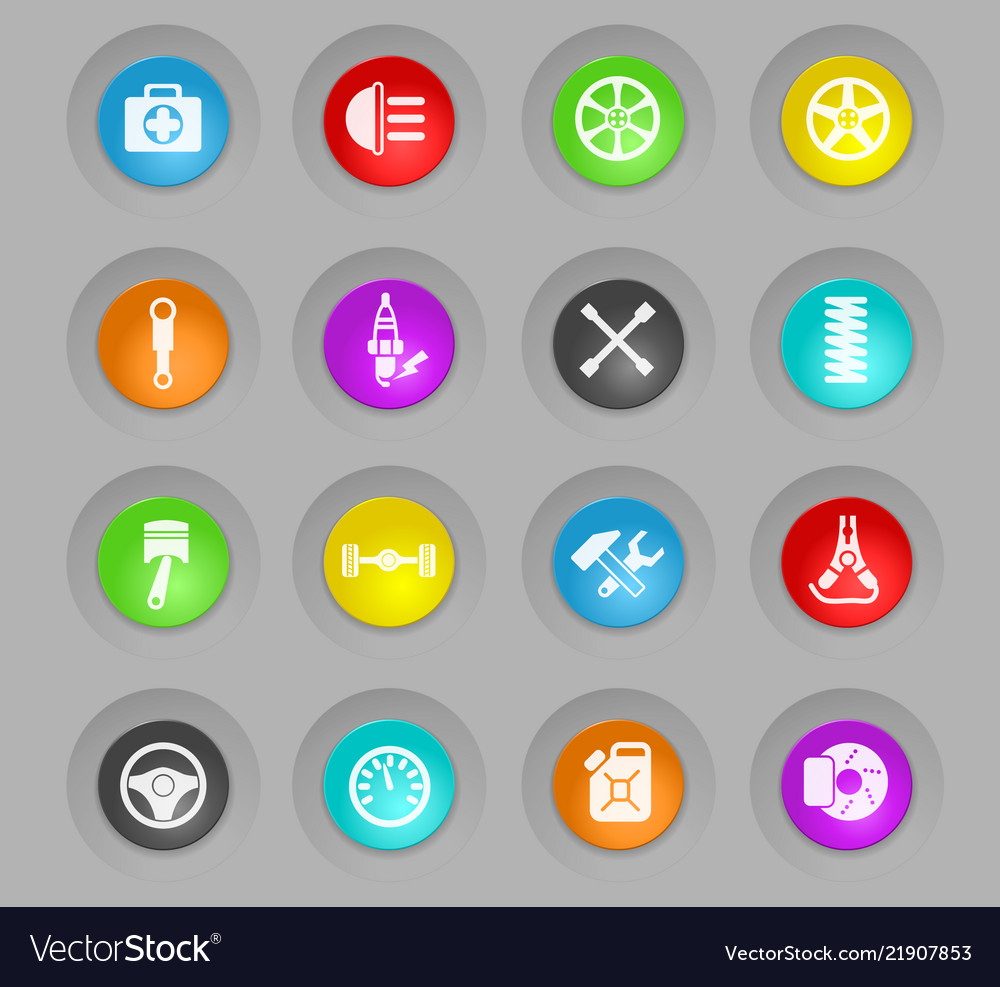 Car shop colored plastic round buttons icon set