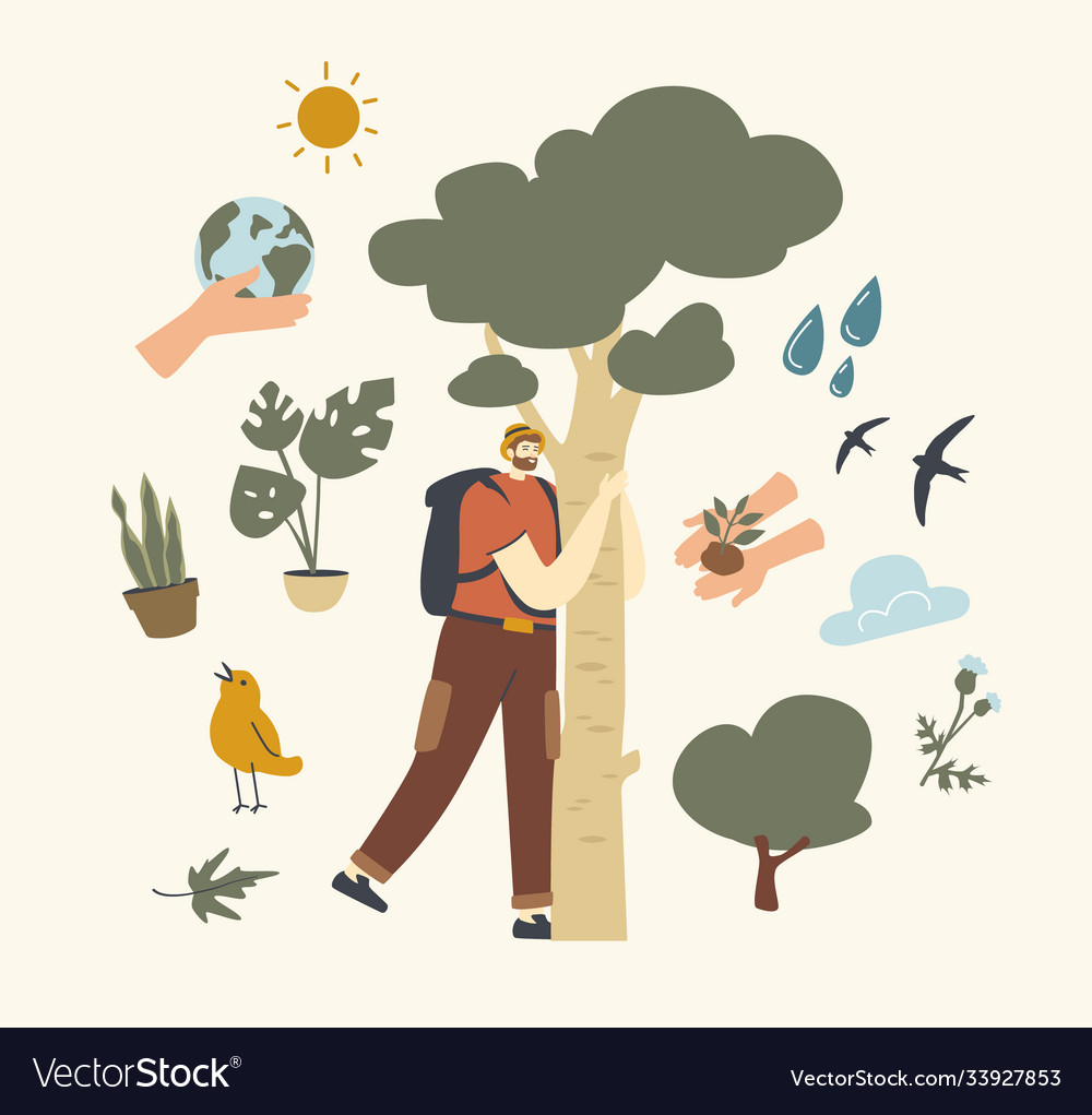 Character with backpack hugging tree bark unity vector image Character with backpack hugging tree bark unity