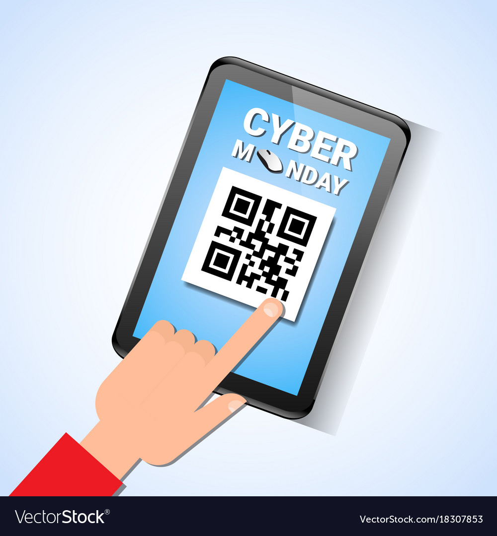 Hand touch digital tablet with qr code on screen