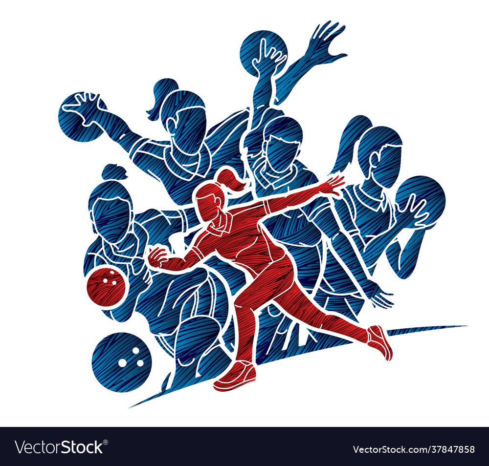 Bowling sport players women bowler action cartoon