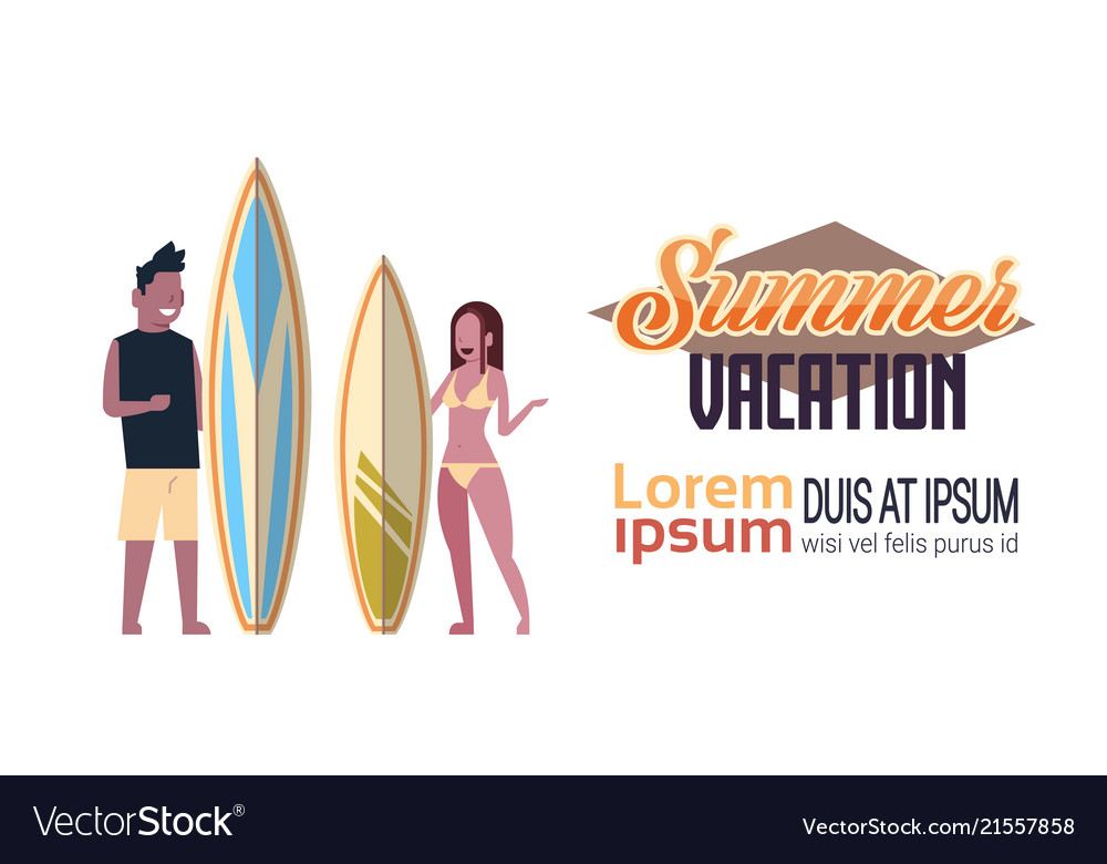 Surfer couple summer vacation man woman surf board