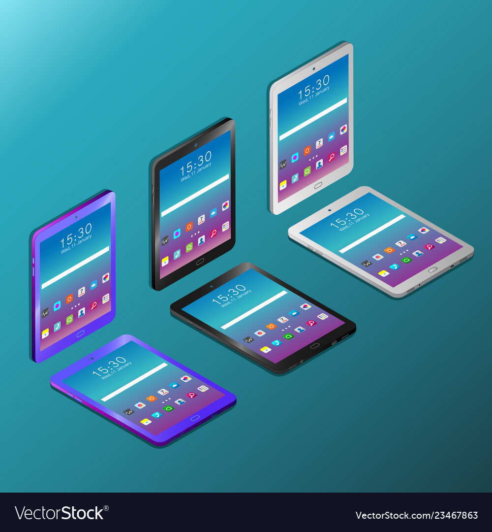 Digital tablets with working screens in isometry Vector Image Digital tablets with working screens in isometry