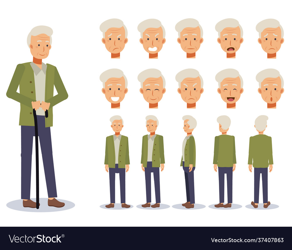 Flat set old man front side back view emotion