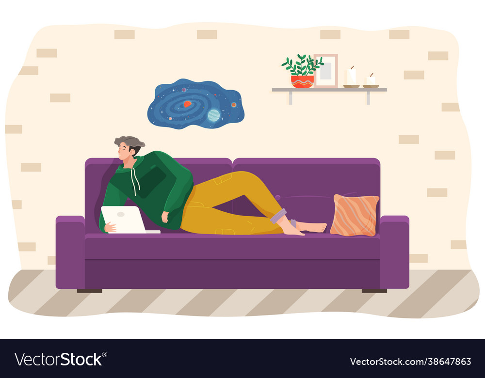 Man lying on couch with computer holding laptop vector image Man lying on couch with computer holding laptop