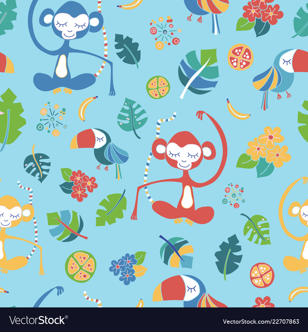 Meditating monkeys and toucans blue pattern vector image Meditating monkeys and toucans blue pattern