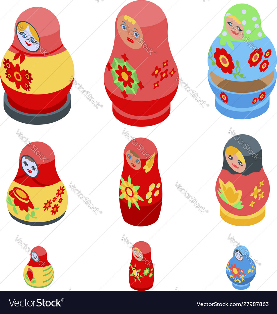 Nesting doll icons set isometric style Royalty Free Vector