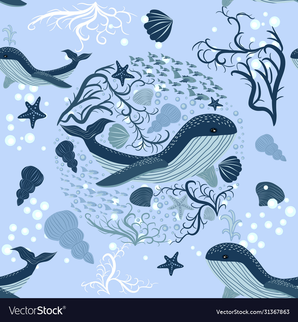 Seamless pattern with underwater animals seaweed