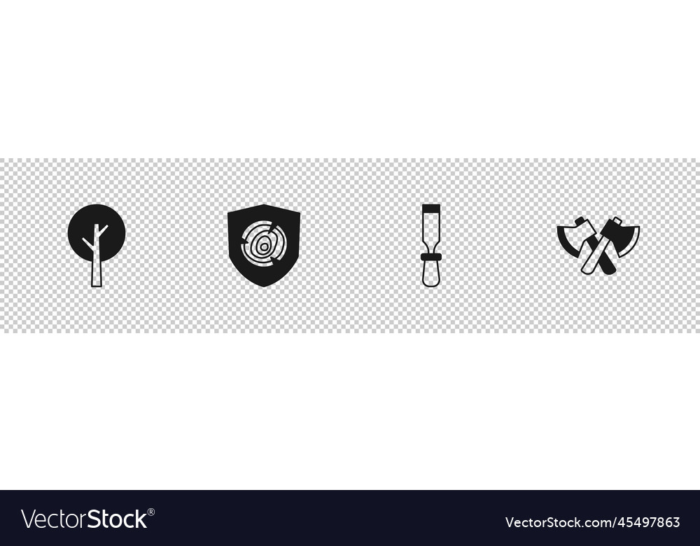 Set tree wooden logs chisel tool and axe icon Vector Image Set tree wooden logs chisel tool and axe icon