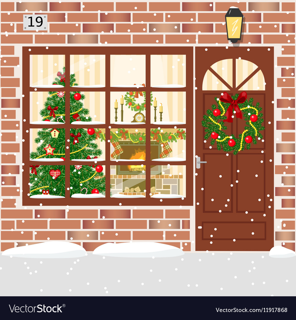 Christmas decorated door house entrance Royalty Free Vector