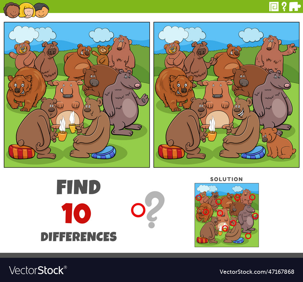 Differences activity with cartoon bears animal Vector Image