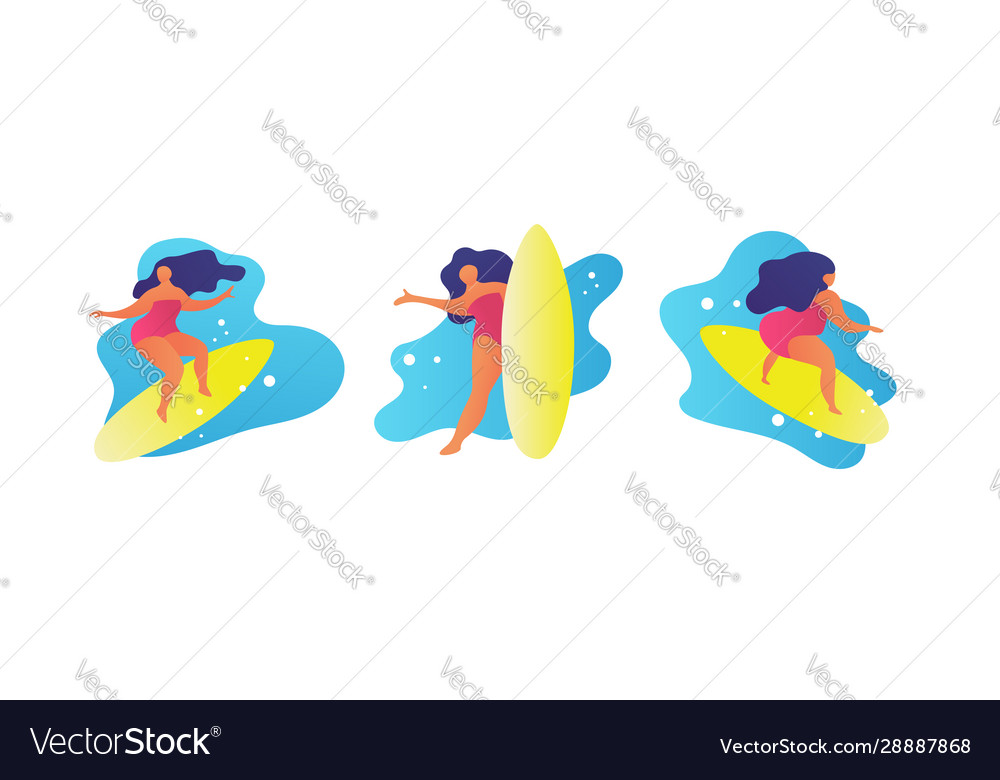 Flat woman surfing waves cartoon summer trendy