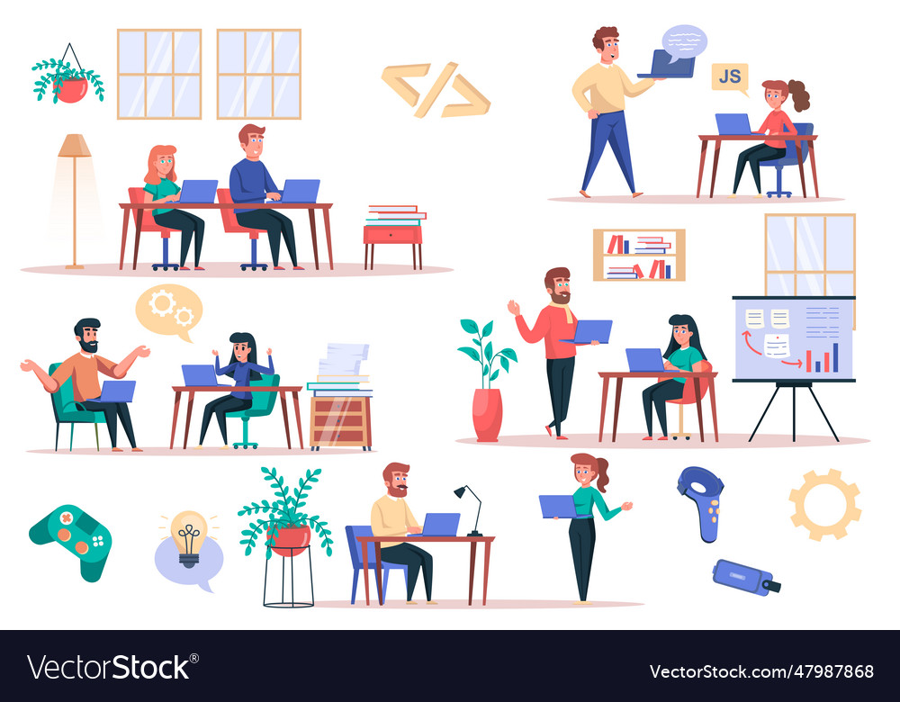 Game developer working isolated elements set Vector Image Game developer working isolated elements set
