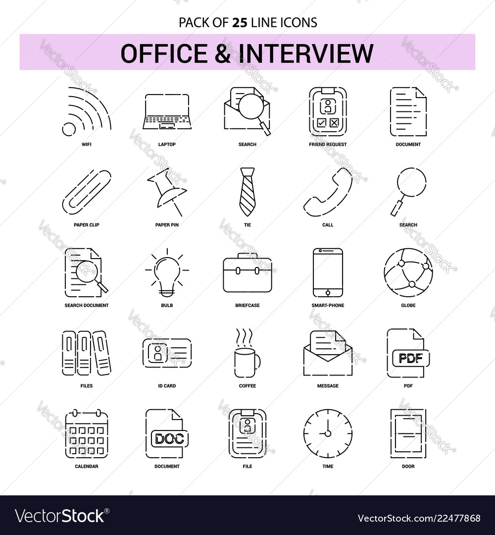 Office and interview line icon set - 25 dashed vector image Office and interview line icon set - 25 dashed