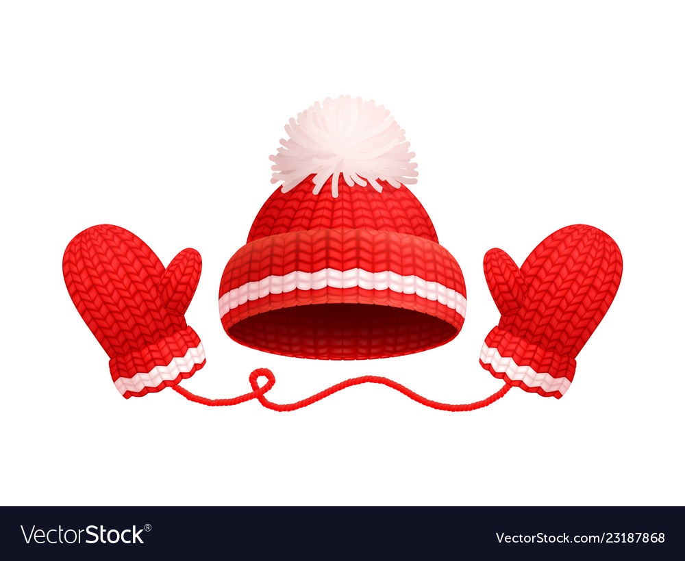 Winter Knit Hat with White Pom-Pom & Gloves