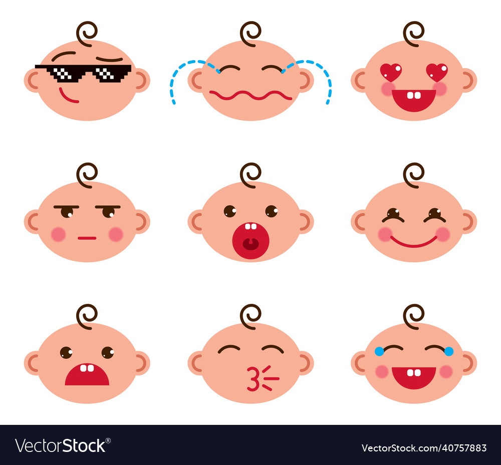 Cute baby cartoon flat icons set of emoji smiley Vector Image