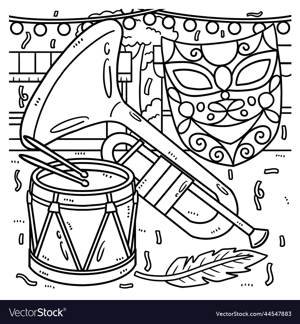 Mardi gras trumpet drum and mask coloring page