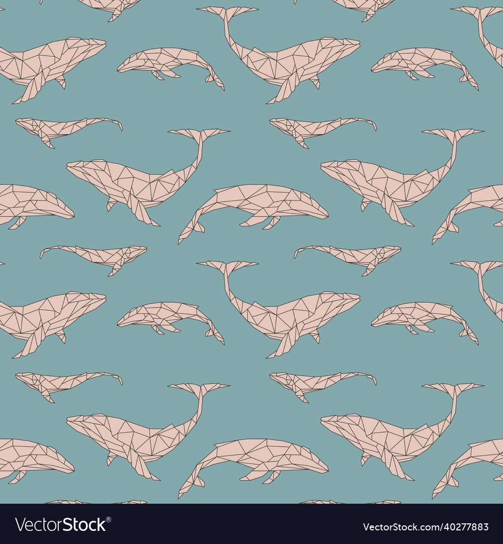 Seamless pattern with polygon whales low poly vector image Seamless pattern with polygon whales low poly