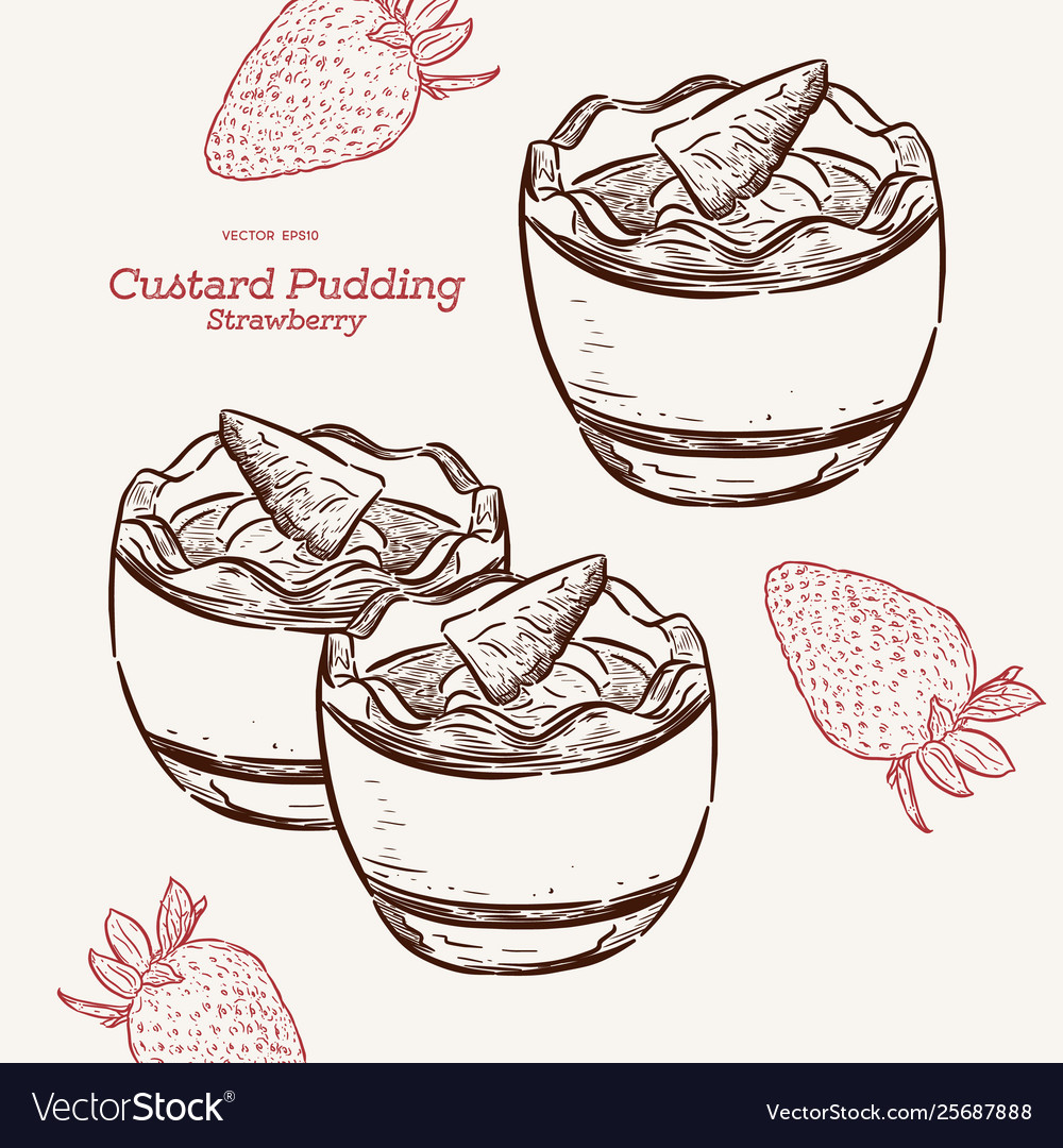 Custard pudding with strawberry in glass hand