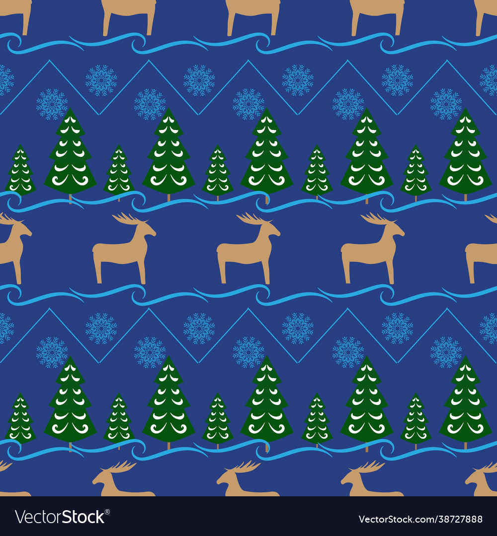 Deer tree and snowflake horizontal color pattern vector image Deer tree and snowflake horizontal color pattern