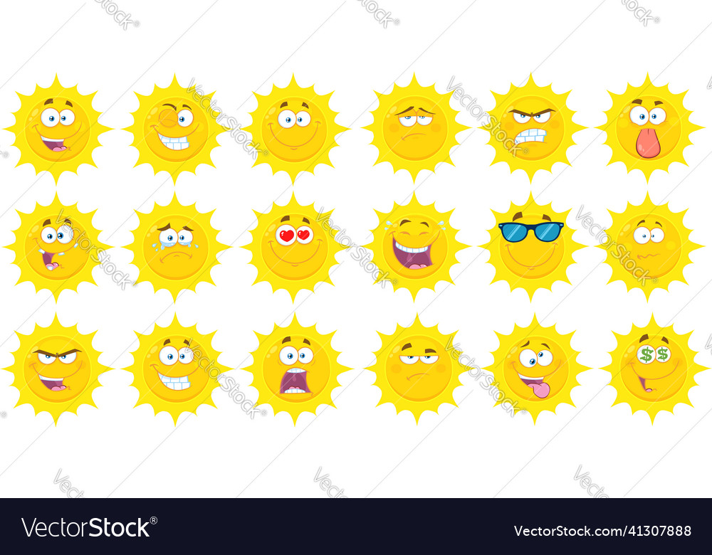 Sun cartoon emoji face character collection Vector Image