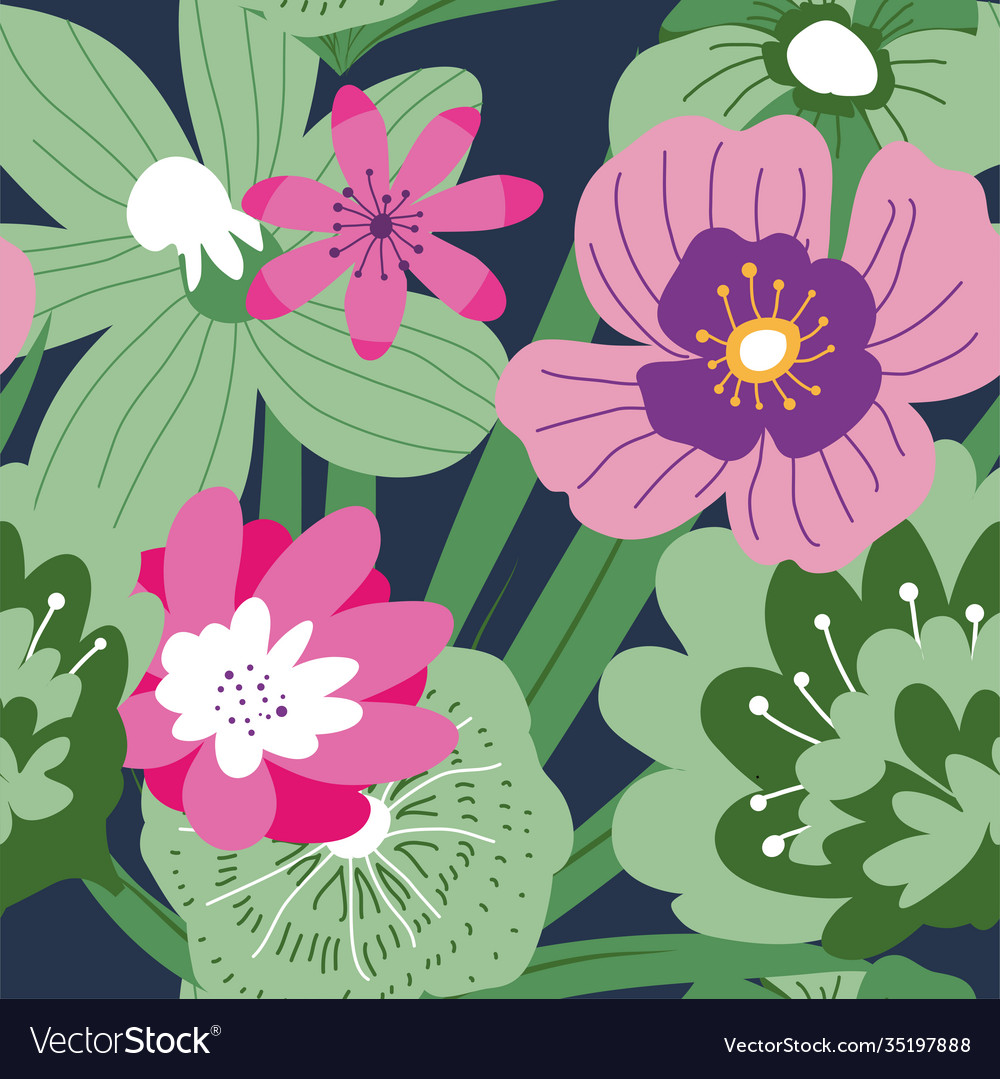 Tropical blooming flowers and leaves pattern vector image Tropical blooming flowers and leaves pattern