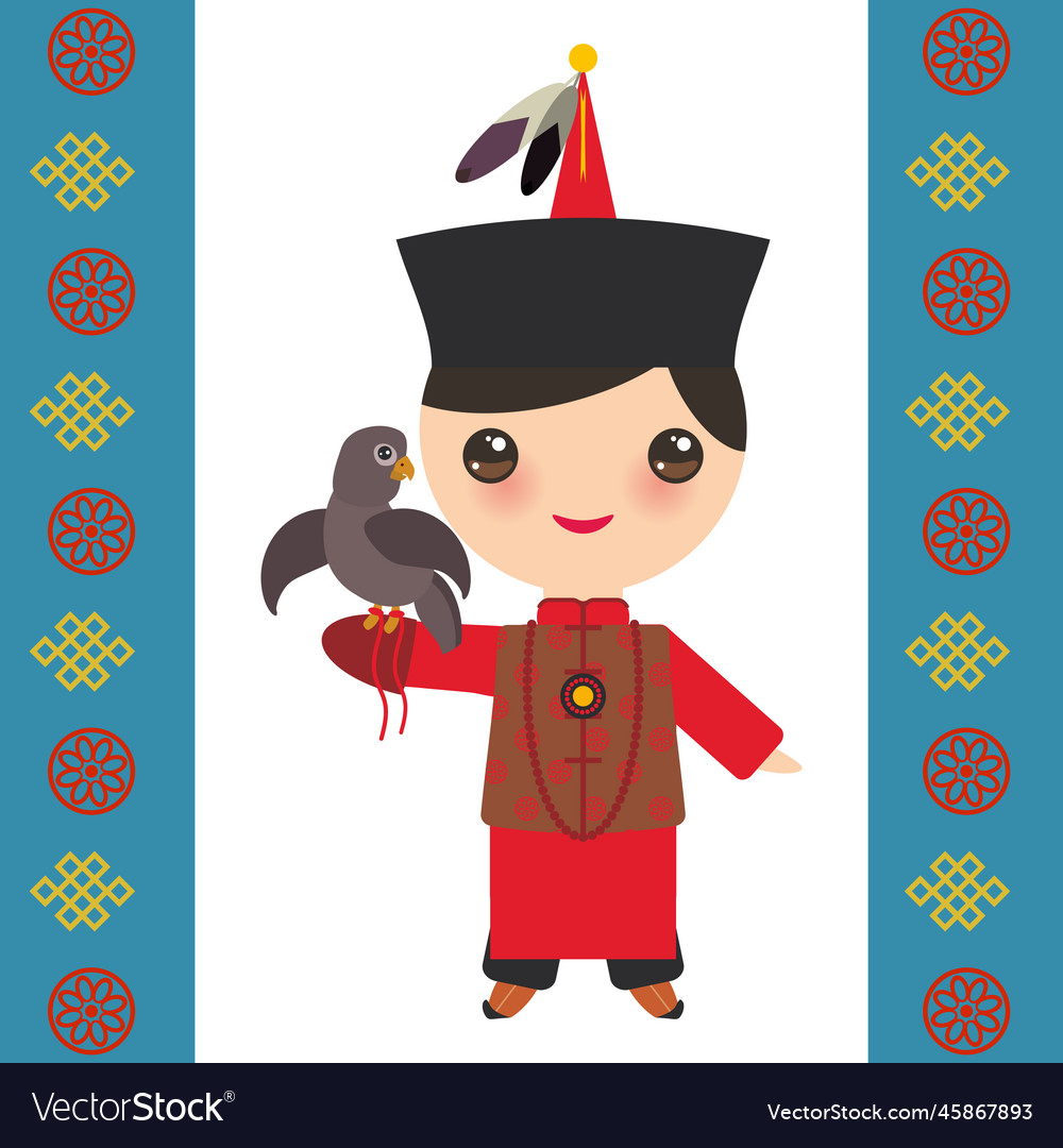 Mongolian boy in national costume and hat cartoon Vector Image