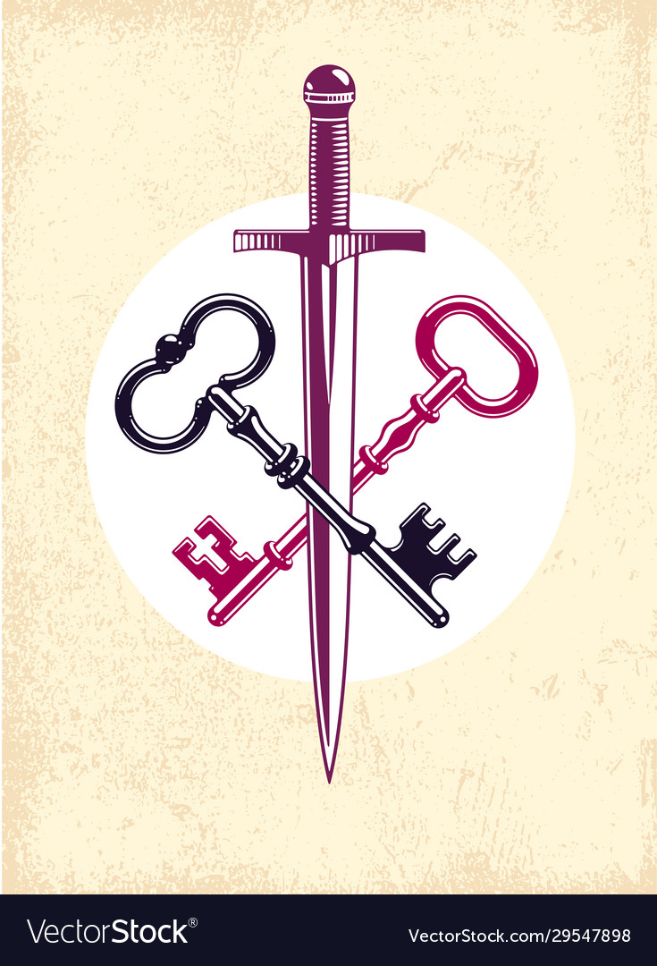 Crossed keys and dagger symbol emblem turnkeys vector image Crossed keys and dagger symbol emblem turnkeys
