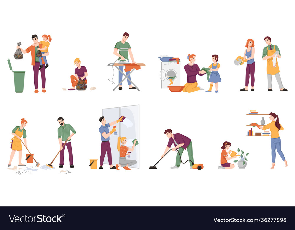 Household housework chores cleaning people set Vector Image