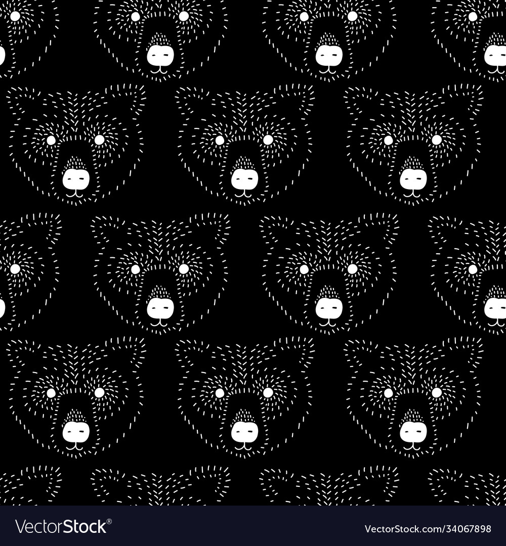 Seamless pattern bear head white on black