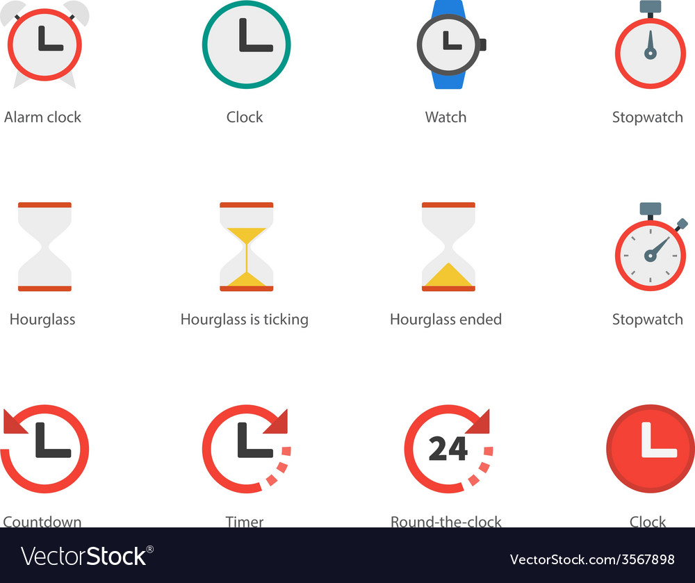 Time and clock color icons on white background