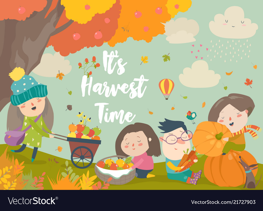 Happy cartoon children harvesting in autumn garden