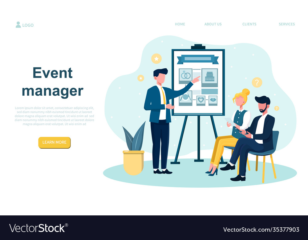 Male event manager presenting plan on board vector image Male event manager presenting plan on board