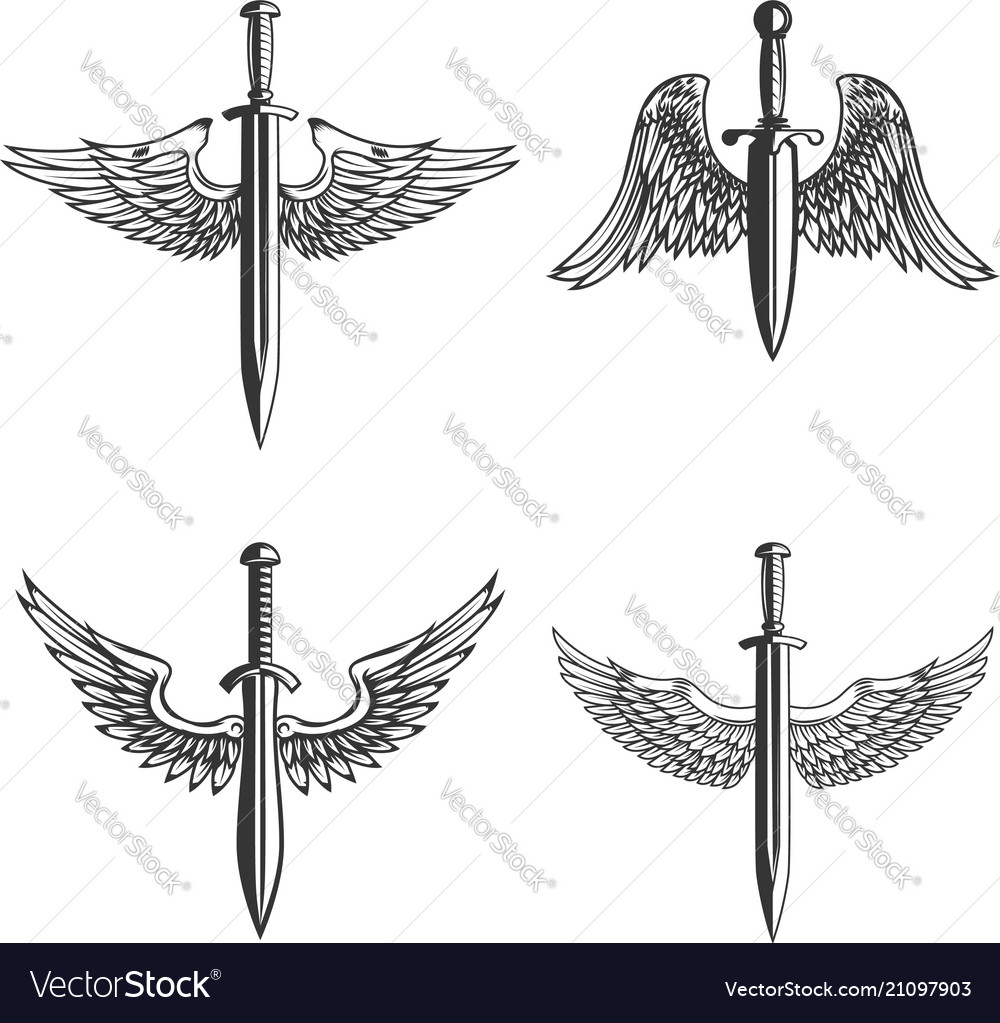 Set Of Emblems With Medieval Sword And Wings Vector Image