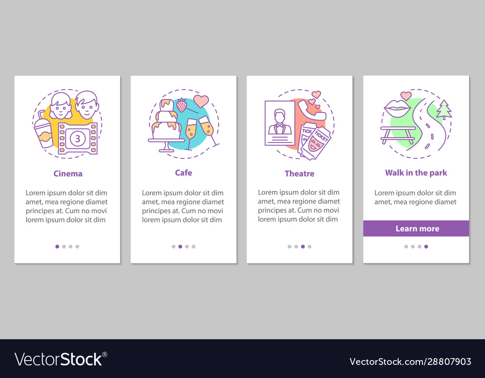 Types dates onboarding mobile app page screen vector image Types dates onboarding mobile app page screen