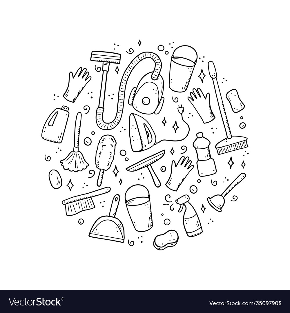 Hand drawn set cleaning equipments Royalty Free Vector Image