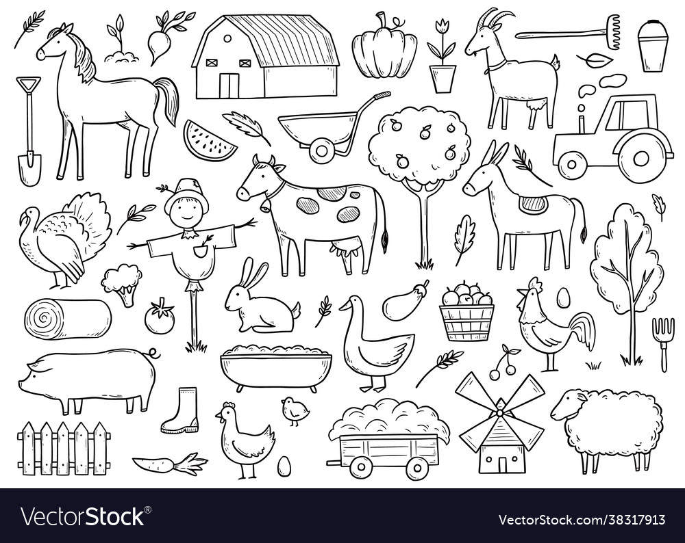 Hand drawn set farm animal farmer food Royalty Free Vector