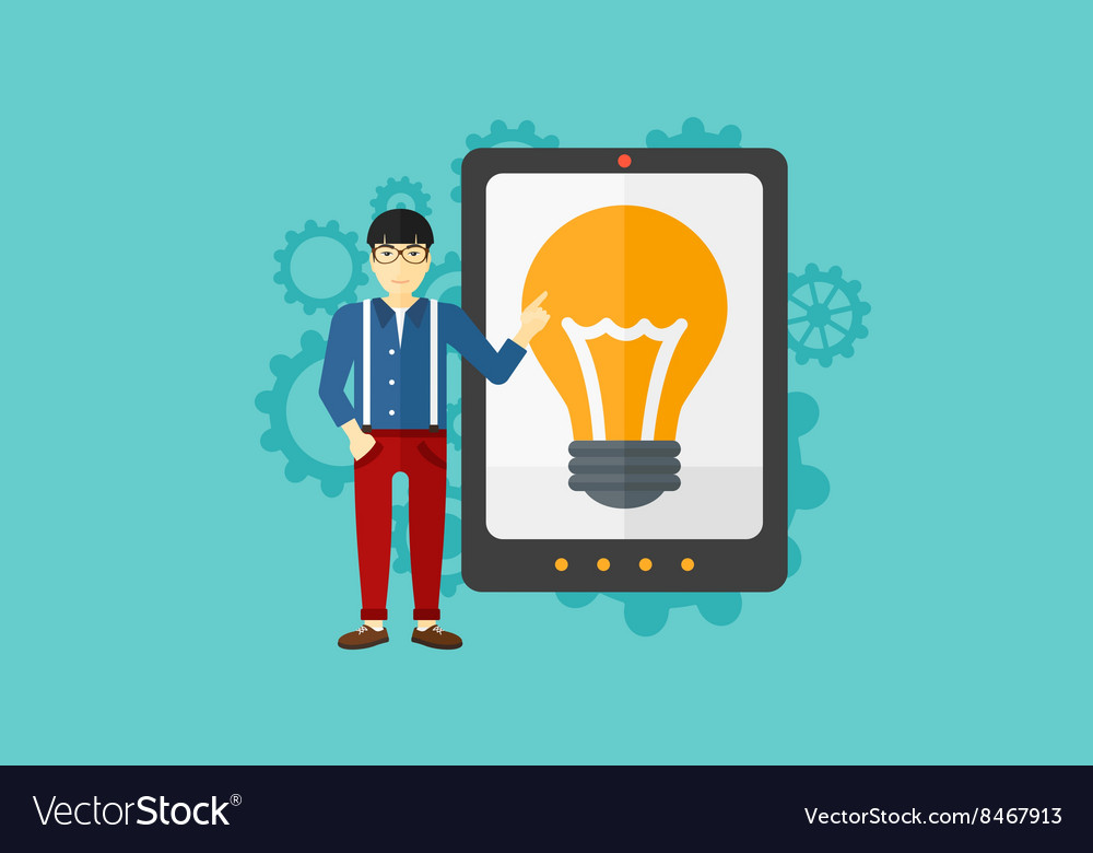 Man pointing at tablet computer with light bulb