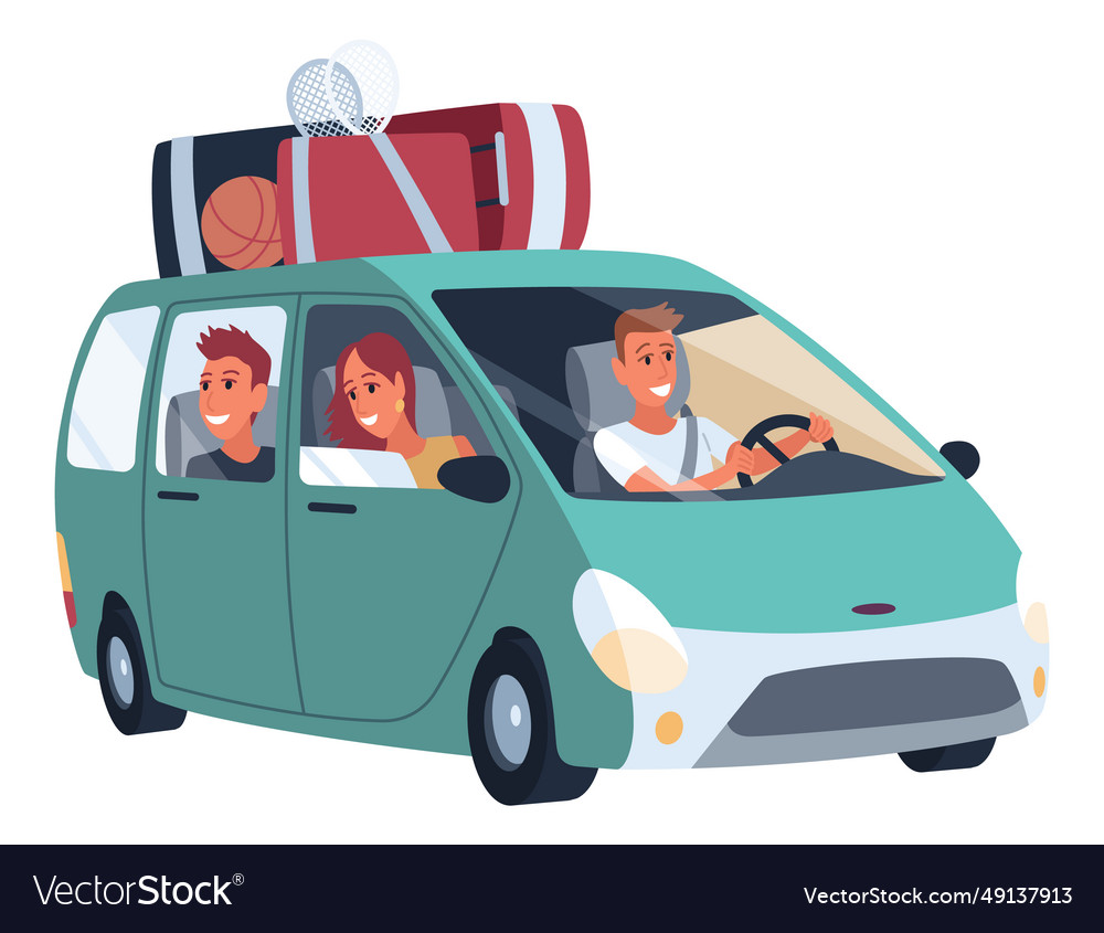 People traveling by car happy family in road trip