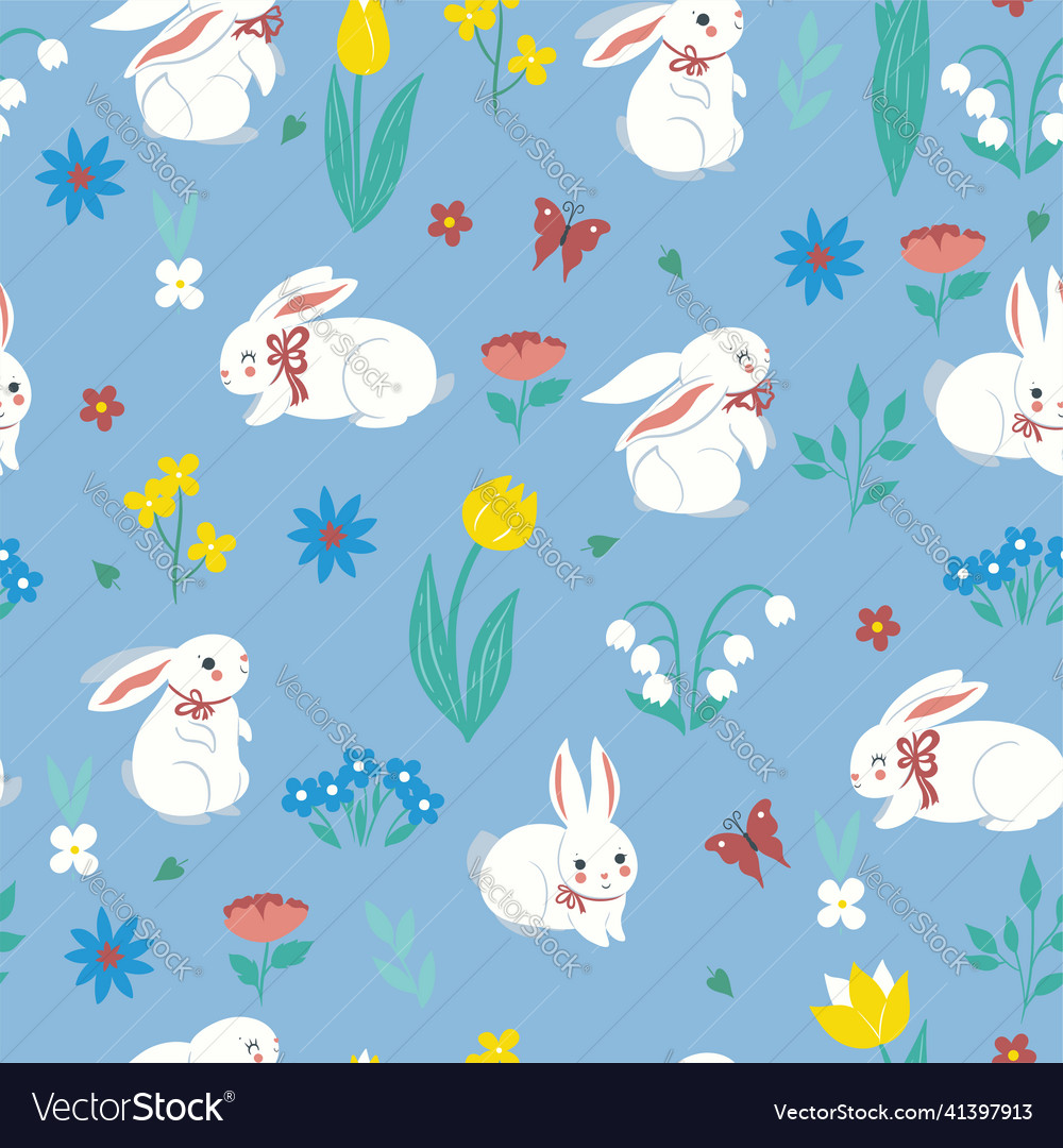 Seamless pattern with cute spring rabbits vector image Seamless pattern with cute spring rabbits