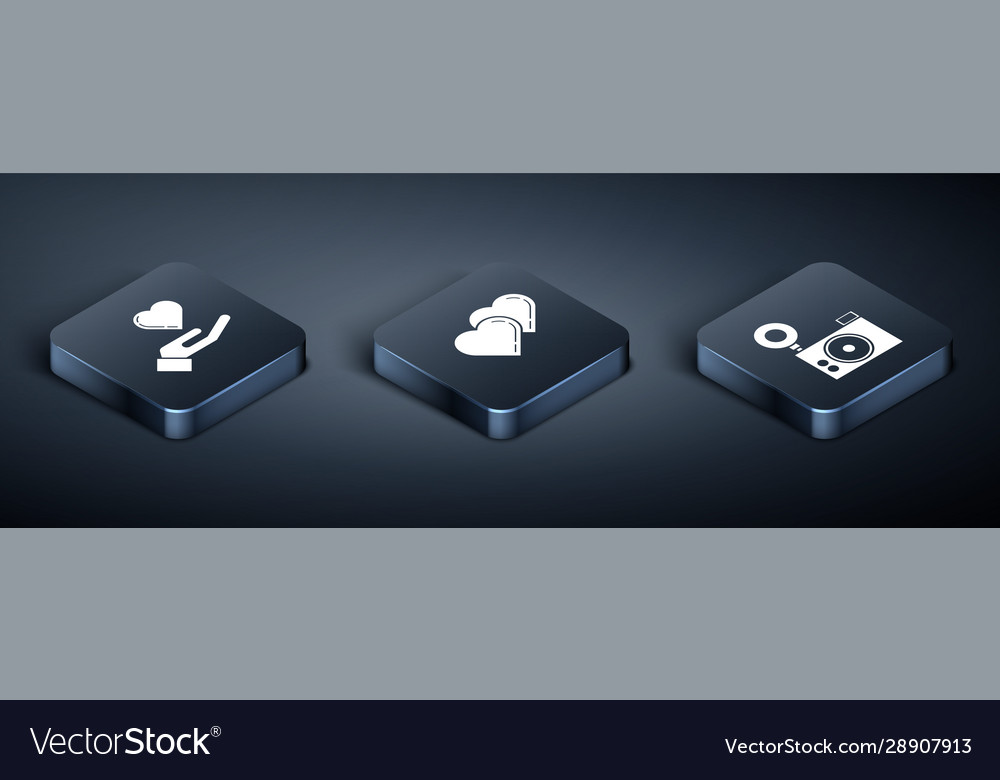 Set isometric heart on hand photo camera and two