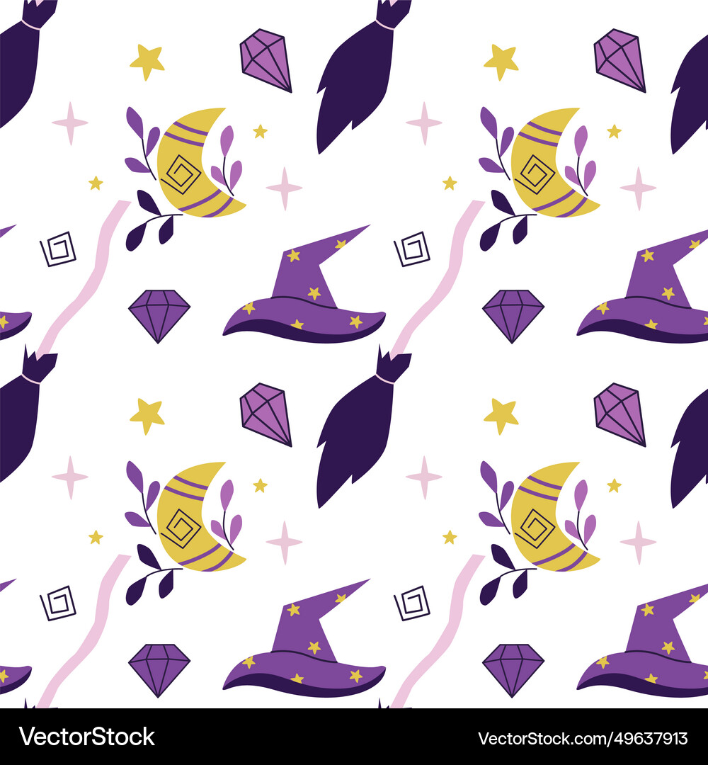 Witch hat and broom magic seamless pattern Vector Image
