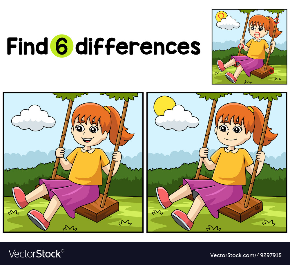 Girl on a swing find the differences Royalty Free Vector