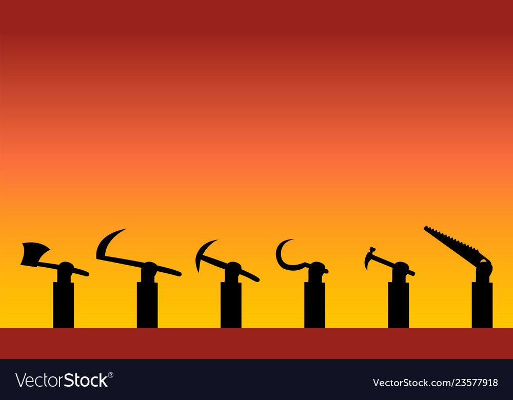 Workers show their tool up in silhouette