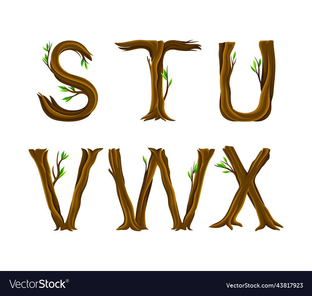 Forest alphabet arranged from tree trunk