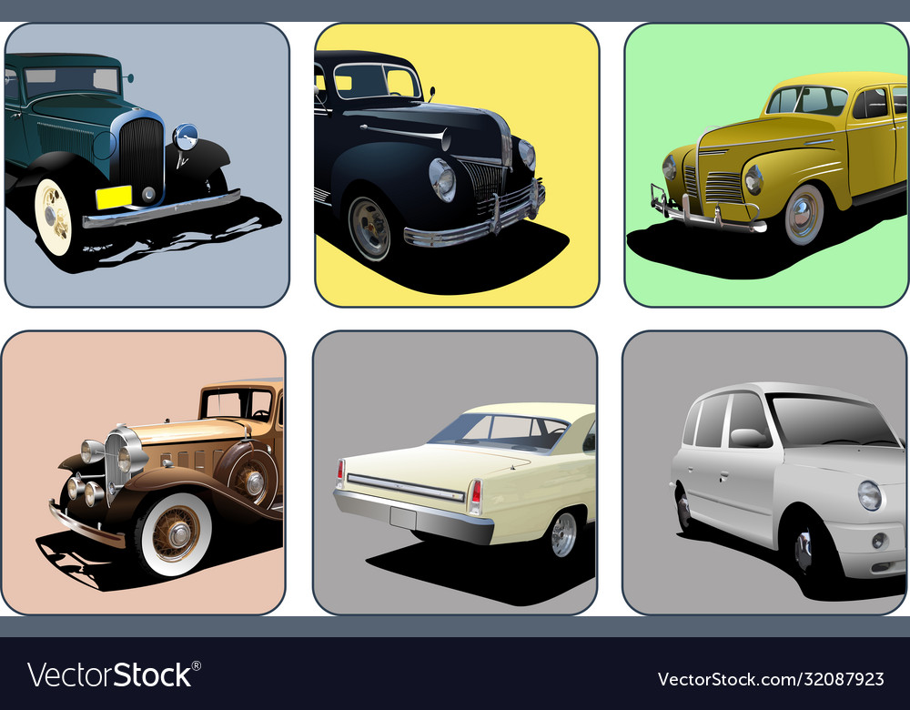 Six icons with parts old rarity cars 3d