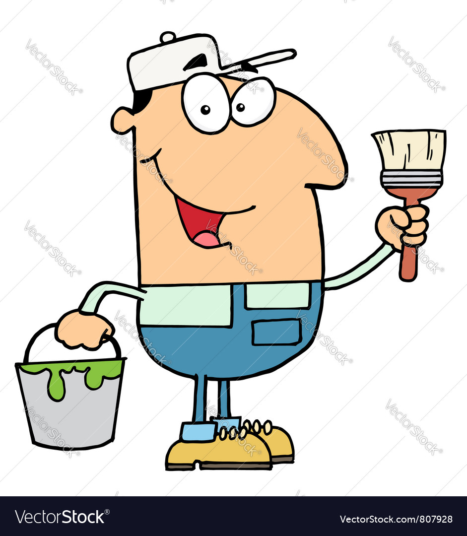 House painter holding a pail and paintbrush