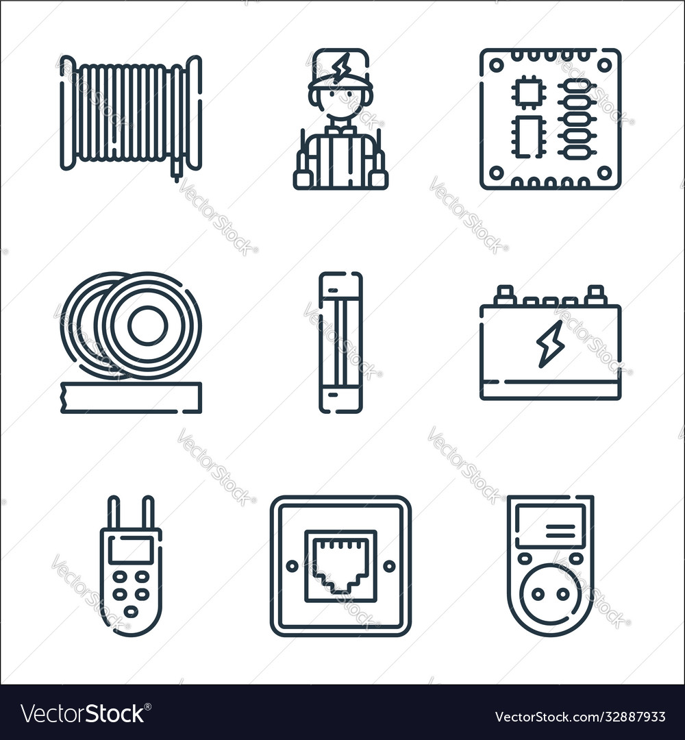 Electrician tools and line icons linear set vector image Electrician tools and line icons linear set