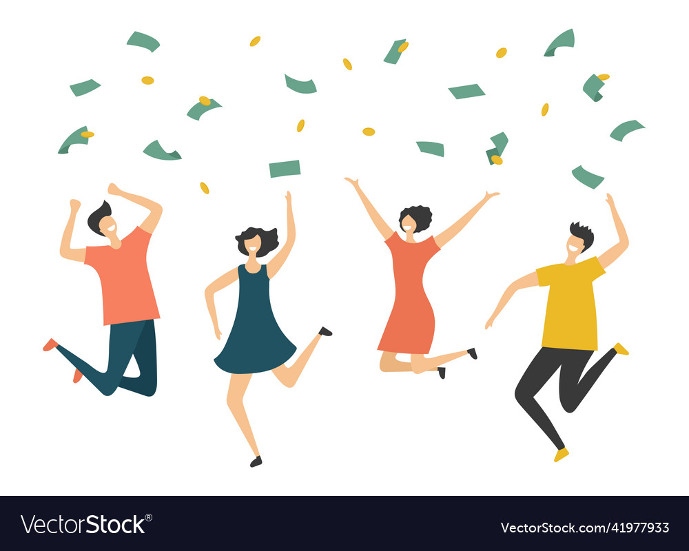 Glückliche Menschen unter Geld Regen springen Mann Frau vector image Glückliche Menschen unter Geld Regen springen Mann Frau