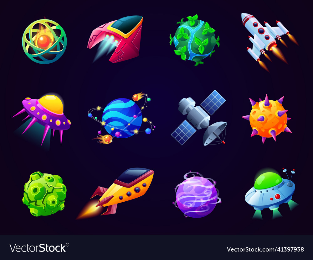 Cartoon planets and spaceships game spaceship Vector Image